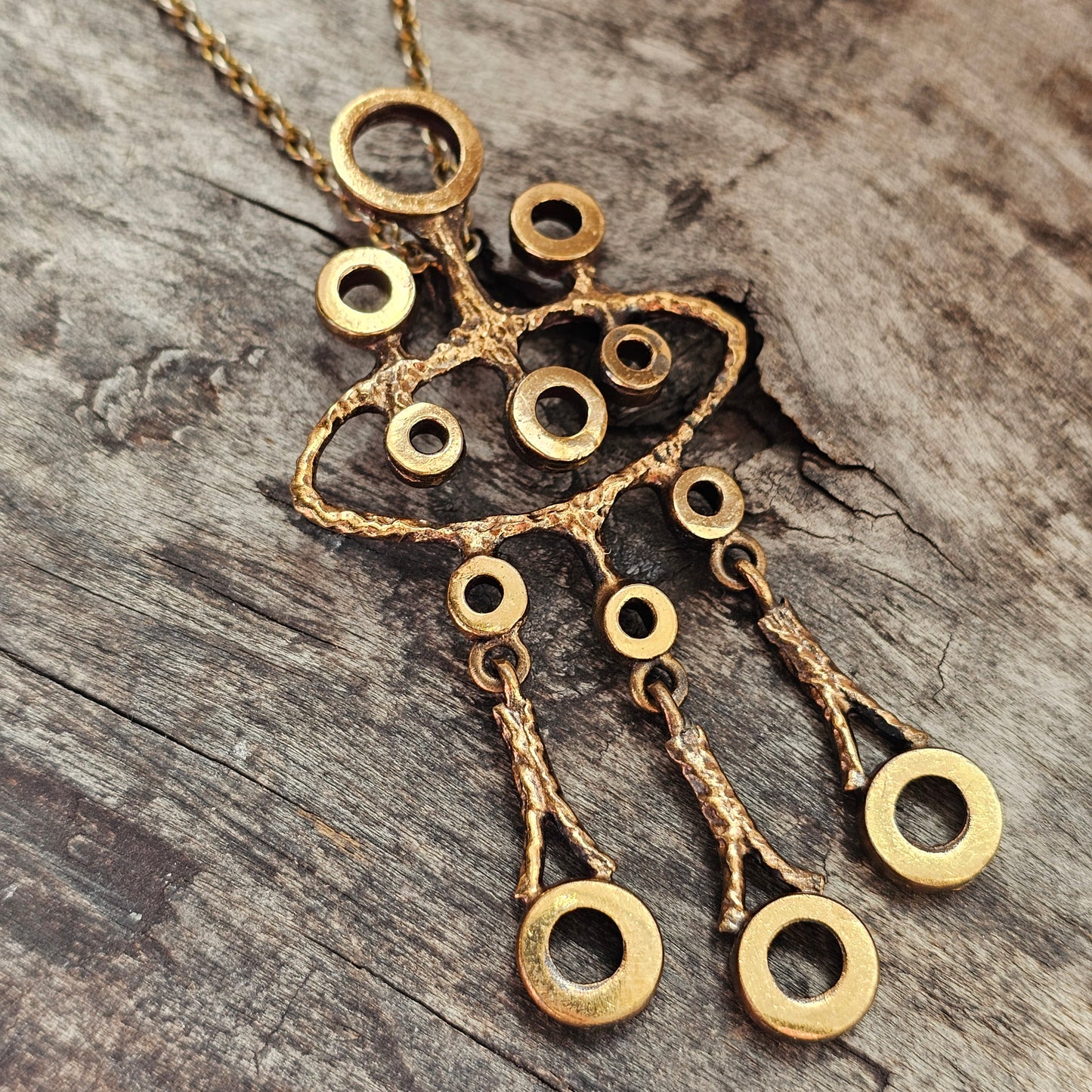 Vintage Finnish Bronze Kinetic Dangle Pendant Necklace 1970s Modernist Brutalist Style