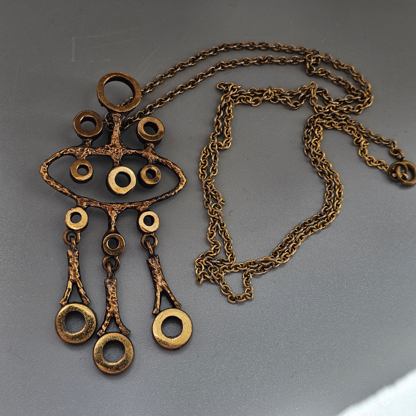 Vintage Finnish Bronze Kinetic Dangle Pendant Necklace 1970s Modernist Brutalist Style