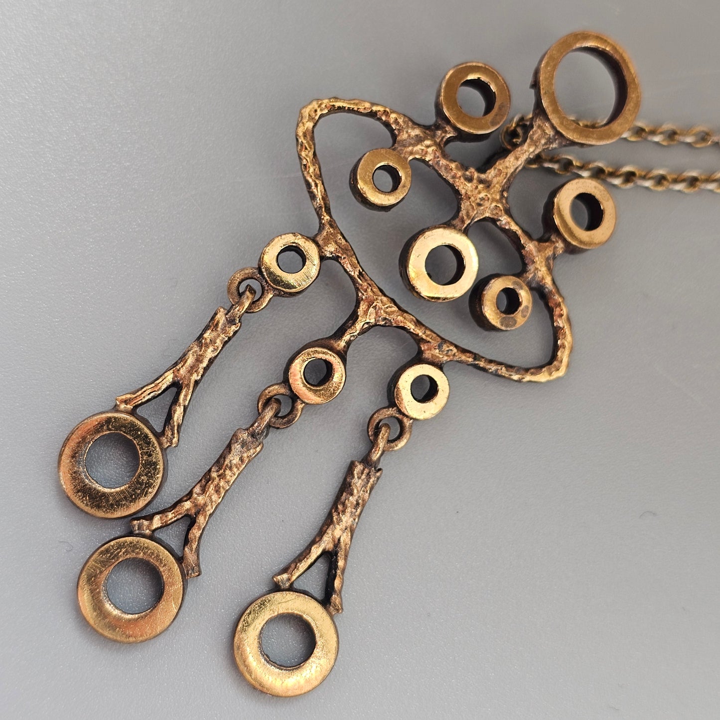 Vintage Finnish Bronze Kinetic Dangle Pendant Necklace 1970s Modernist Brutalist Style