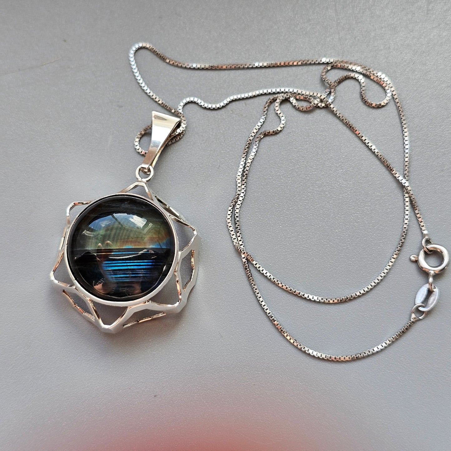 Vintage Modernist Sterling Silver & Spectrolite Necklace by Kultaseppa Salovaara 1977