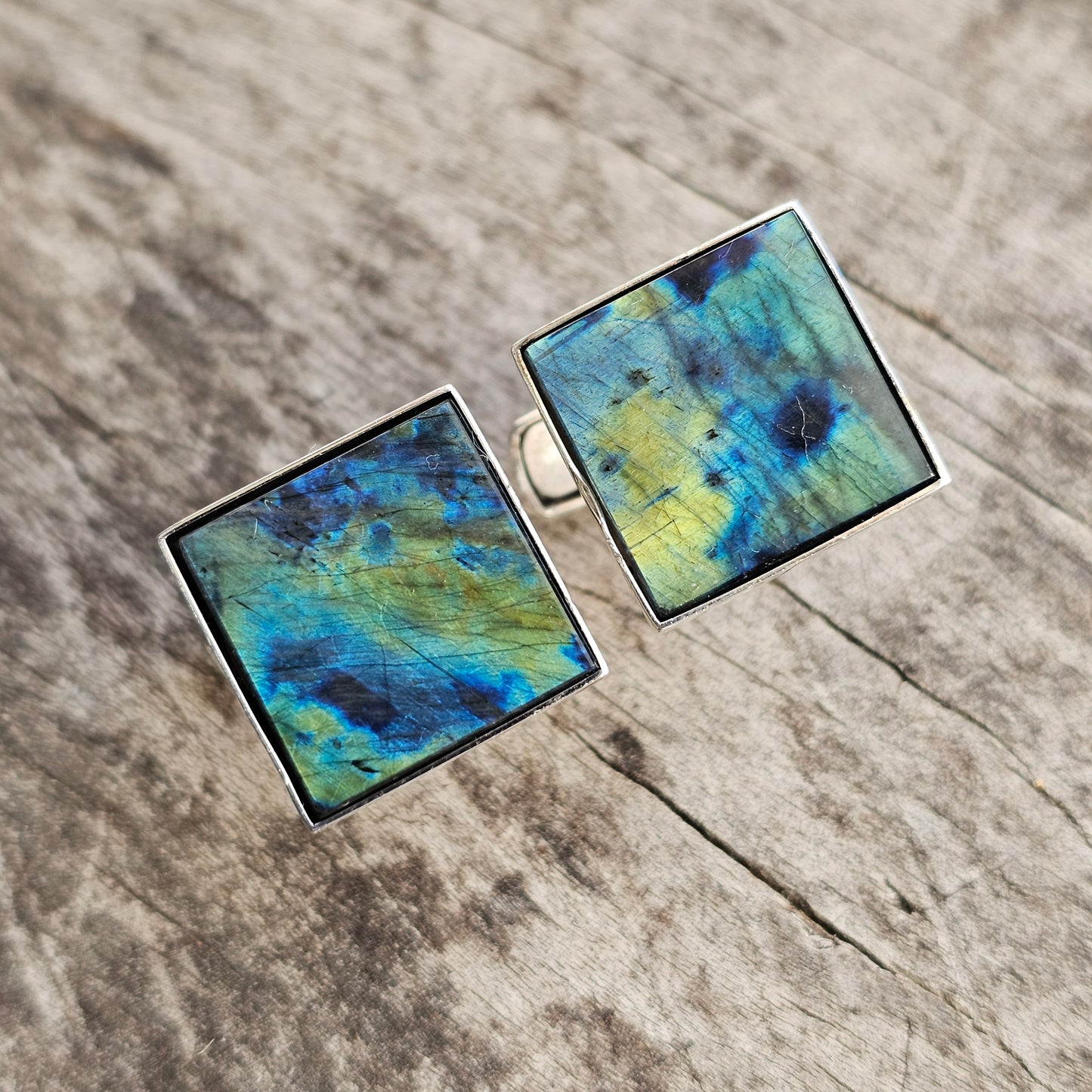 Vintage 1980s Silver & Spectrolite Square Cufflinks 1987