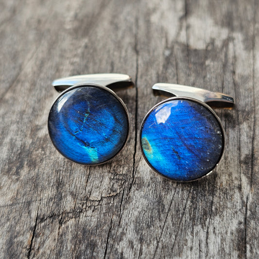 Vintage 1980s Round Sterling Silver & Spectrolite Cufflinks 1987