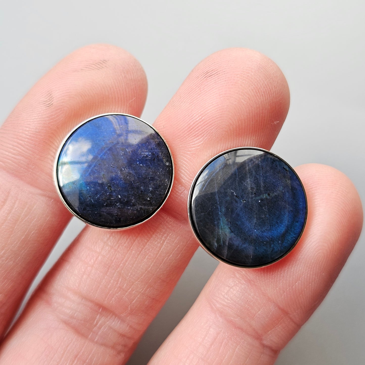 Vintage 1980s Round Sterling Silver & Spectrolite Cufflinks 1987