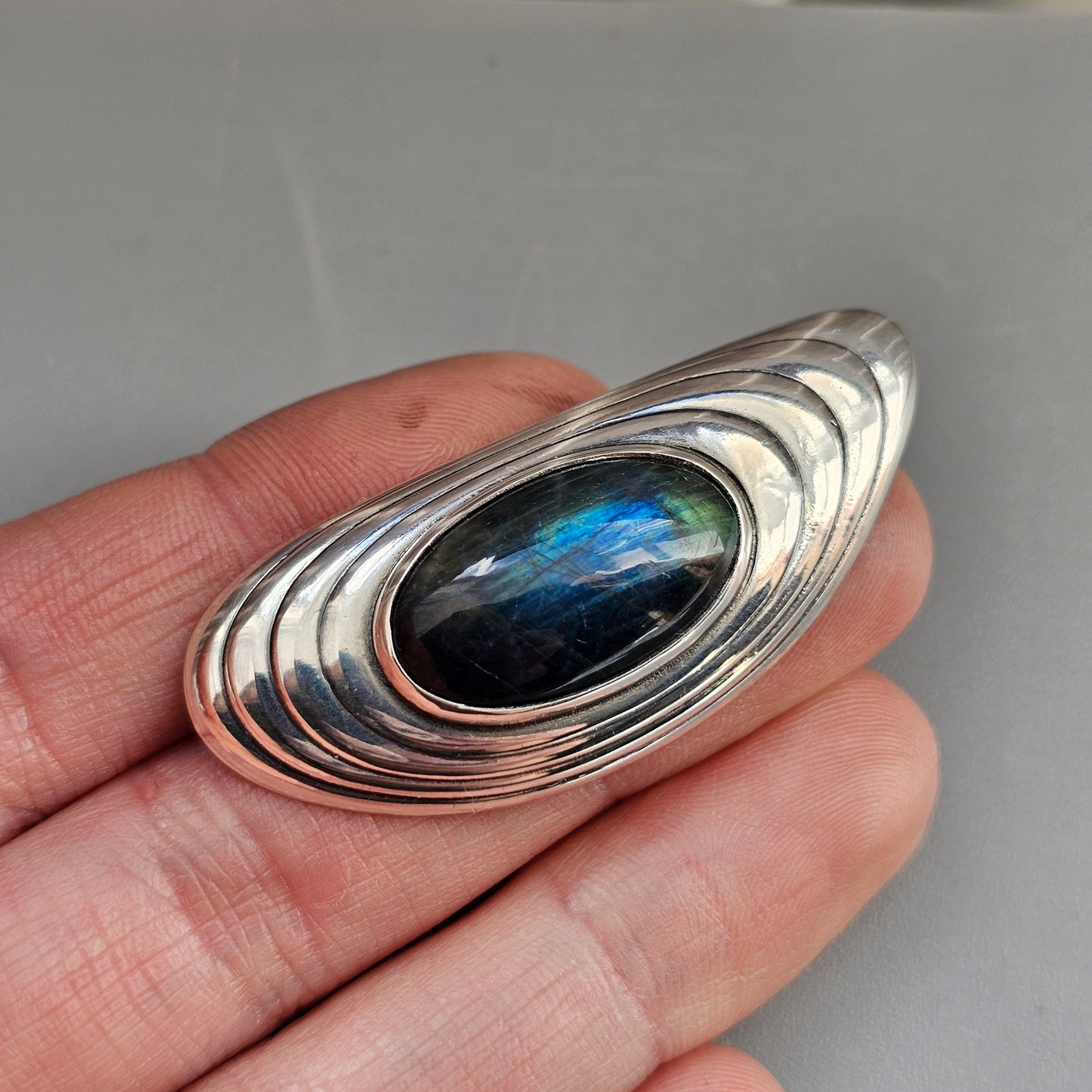 Vintage Modernist 1960s Silver & Spectrolite Brooch by Elis Kauppi Kupittaan Kulta