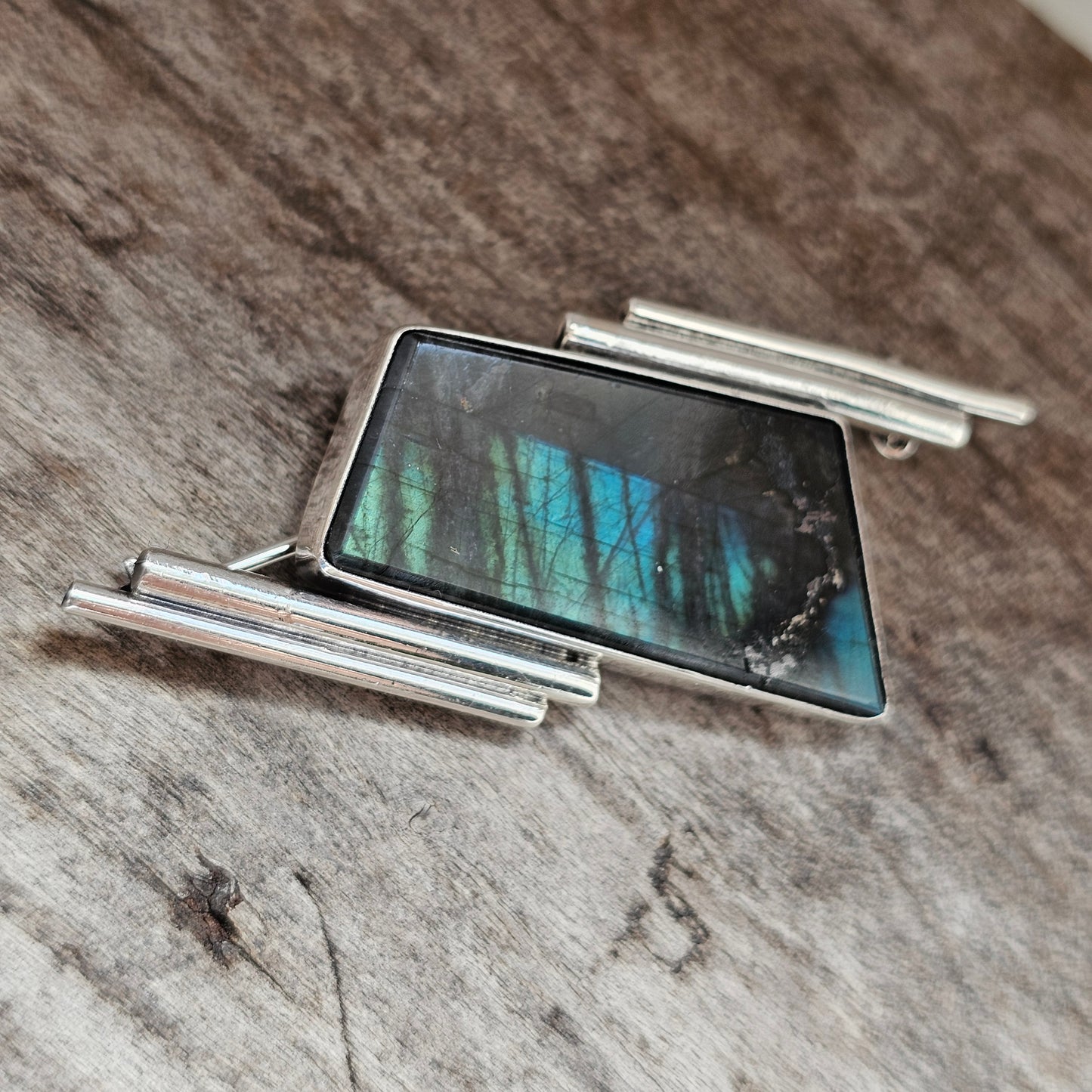 Vintage Modernist Finnish Sterling Silver & Spectrolite Brooch