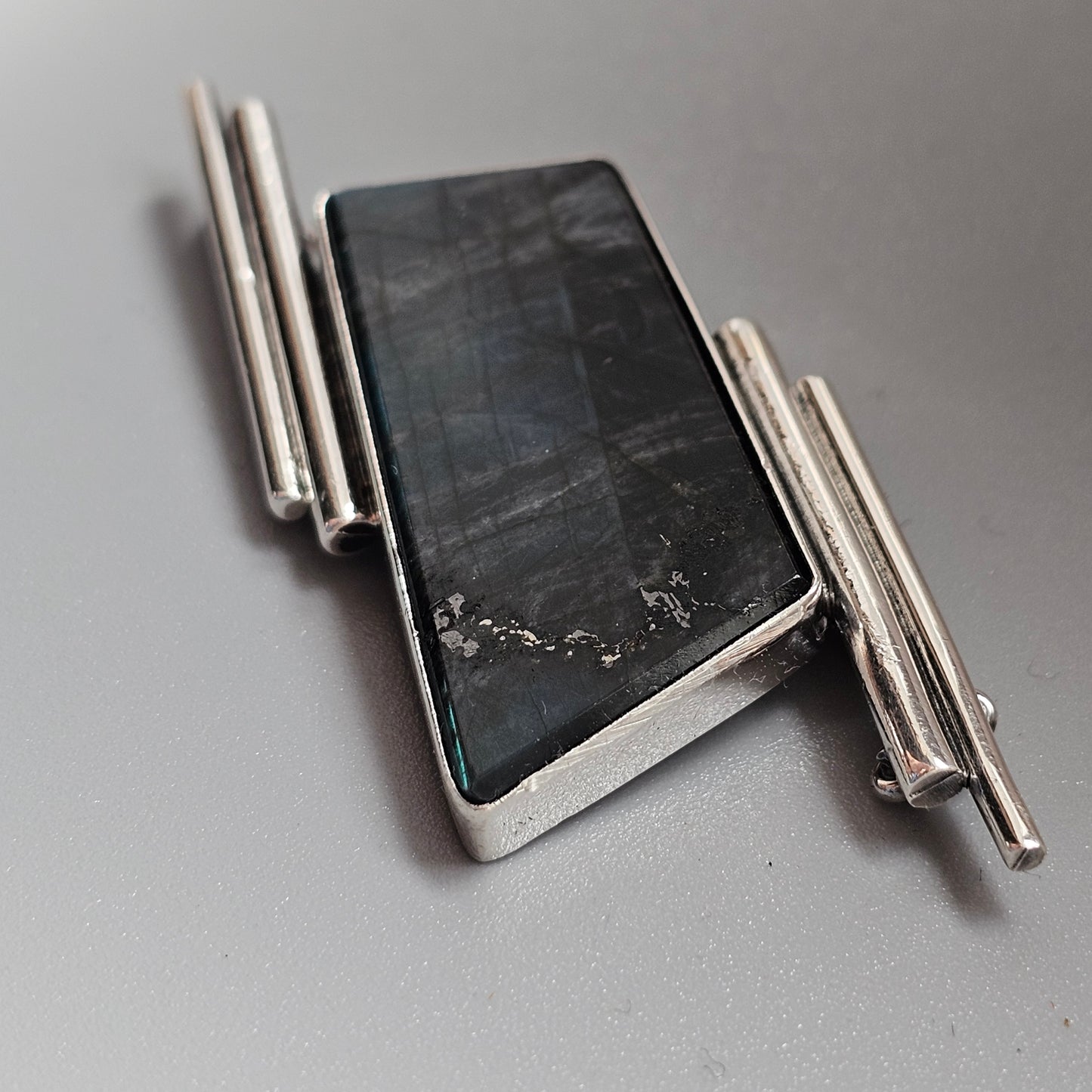 Vintage Modernist Finnish Sterling Silver & Spectrolite Brooch