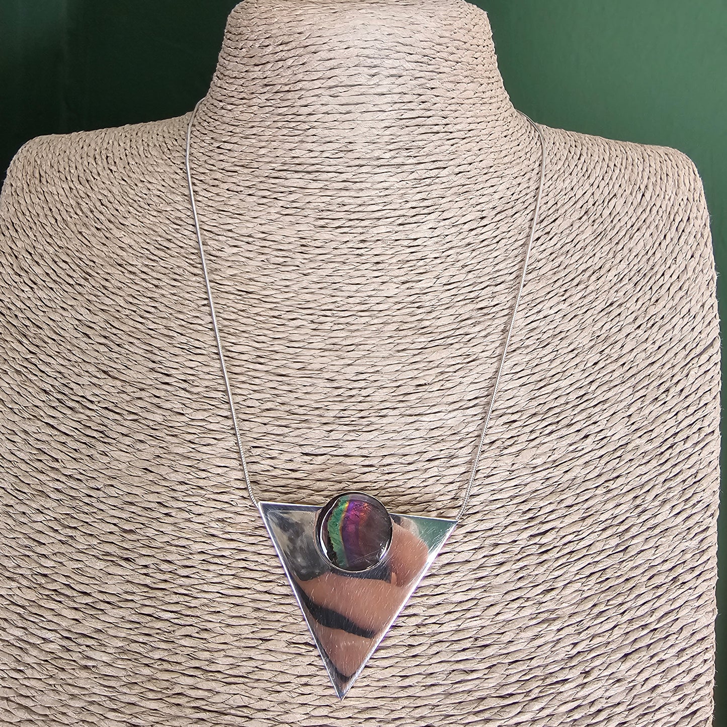 Vintage 1990s Triangular Sterling Silver & Spectrolite Necklace Pendant / Brooch 1991