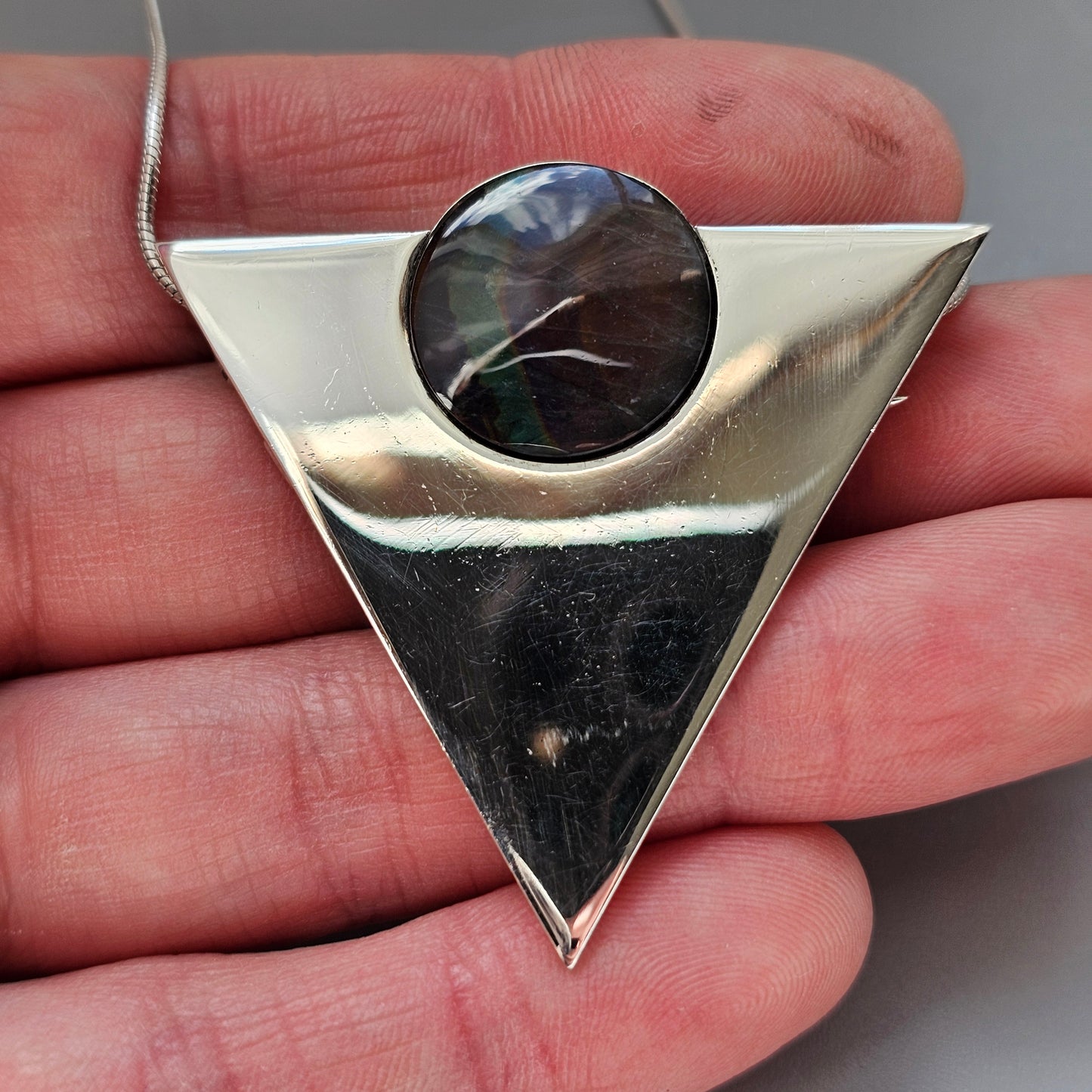 Vintage 1990s Triangular Sterling Silver & Spectrolite Necklace Pendant / Brooch 1991