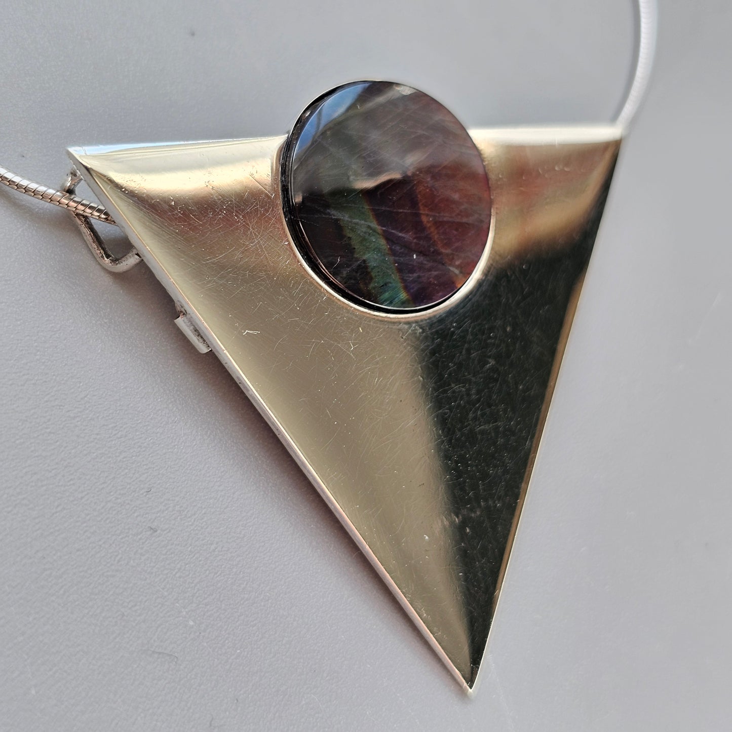 Vintage 1990s Triangular Sterling Silver & Spectrolite Necklace Pendant / Brooch 1991