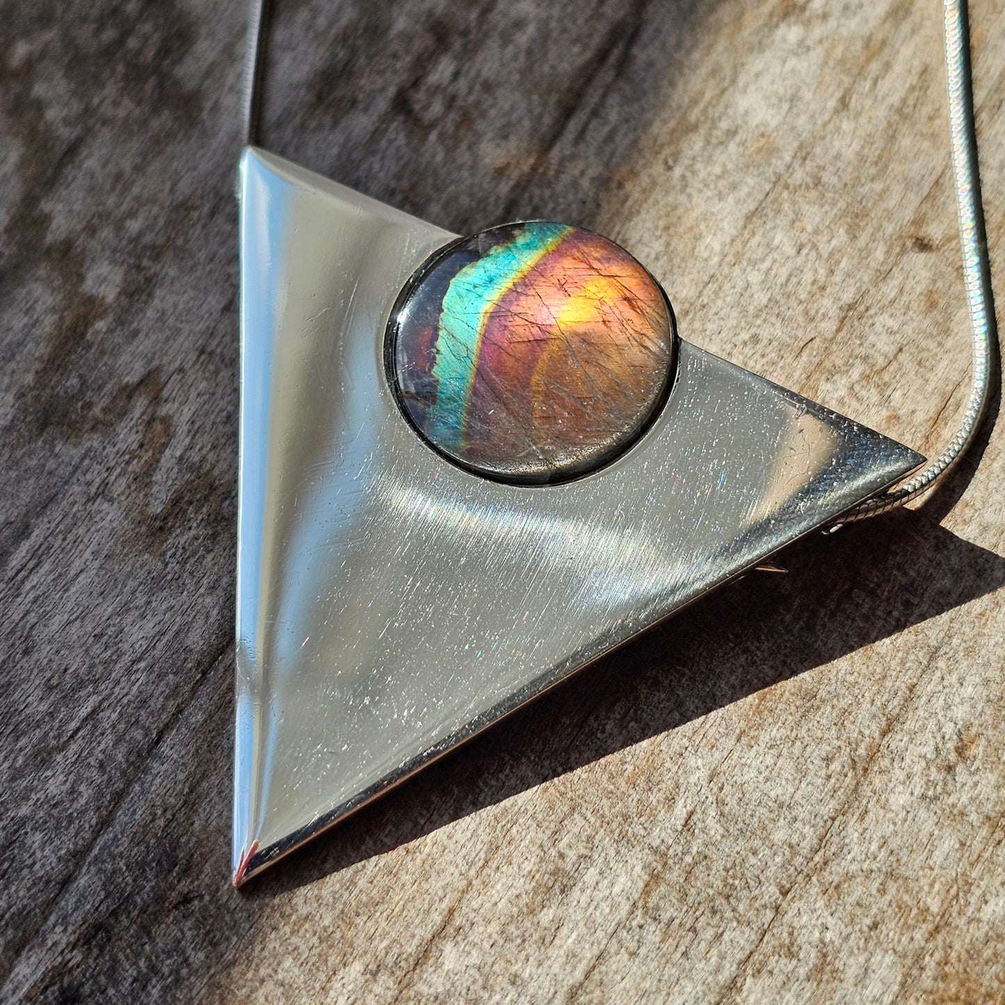 Vintage 1990s Triangular Sterling Silver & Spectrolite Necklace Pendant / Brooch 1991