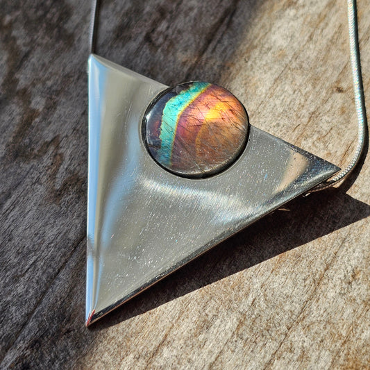 Vintage 1990s Triangular Sterling Silver & Spectrolite Necklace Pendant / Brooch 1991