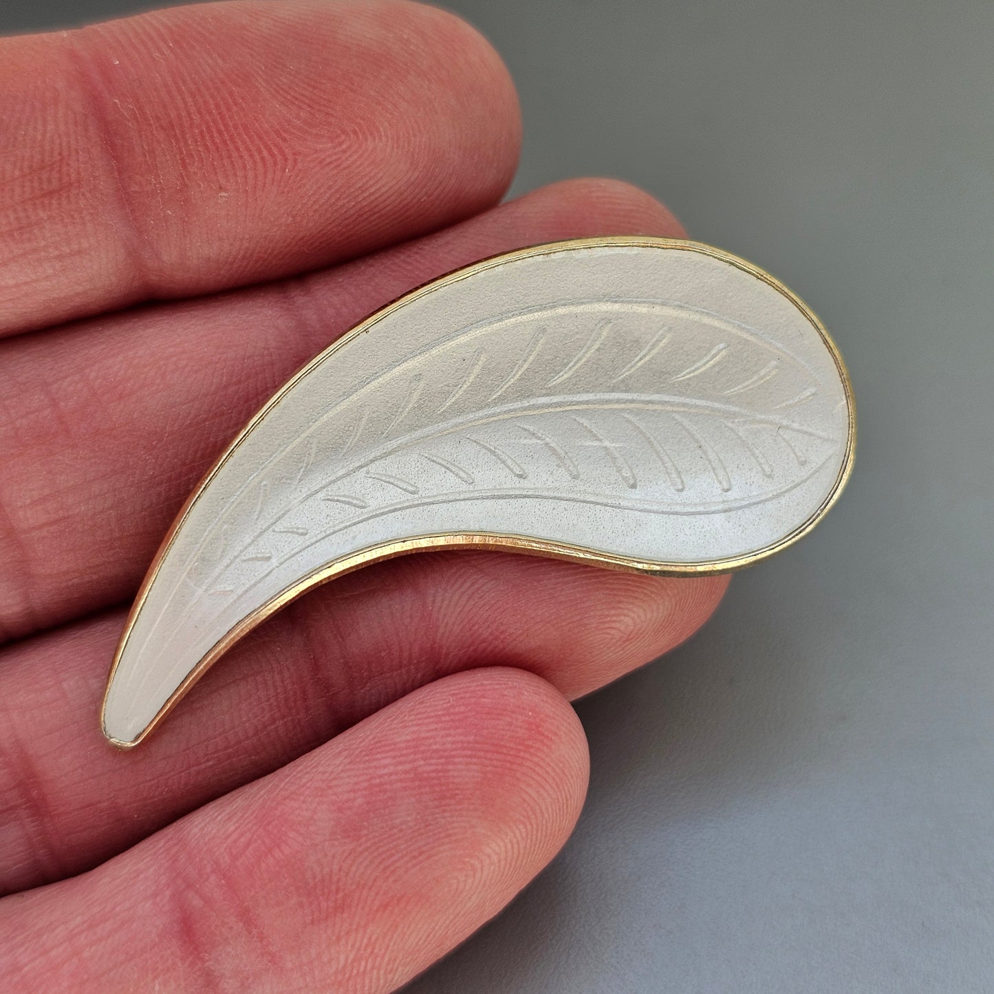 Vintage Scandinavian Sterling Silver White Enamel Leaf Brooch