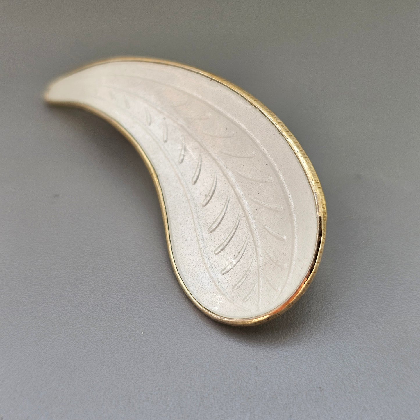 Vintage Scandinavian Sterling Silver White Enamel Leaf Brooch