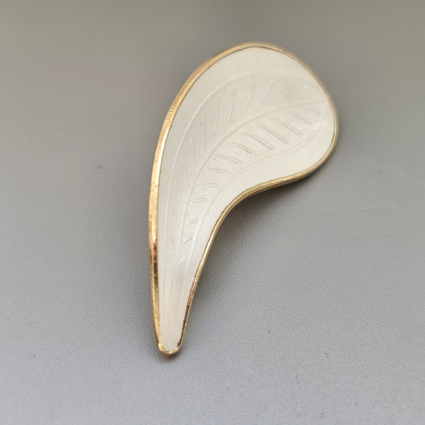 Vintage Scandinavian Sterling Silver White Enamel Leaf Brooch