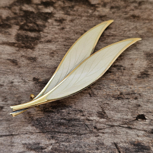 Vintage Norwegian Sterling Silver White Enamel Leaf Brooch by NM Thune