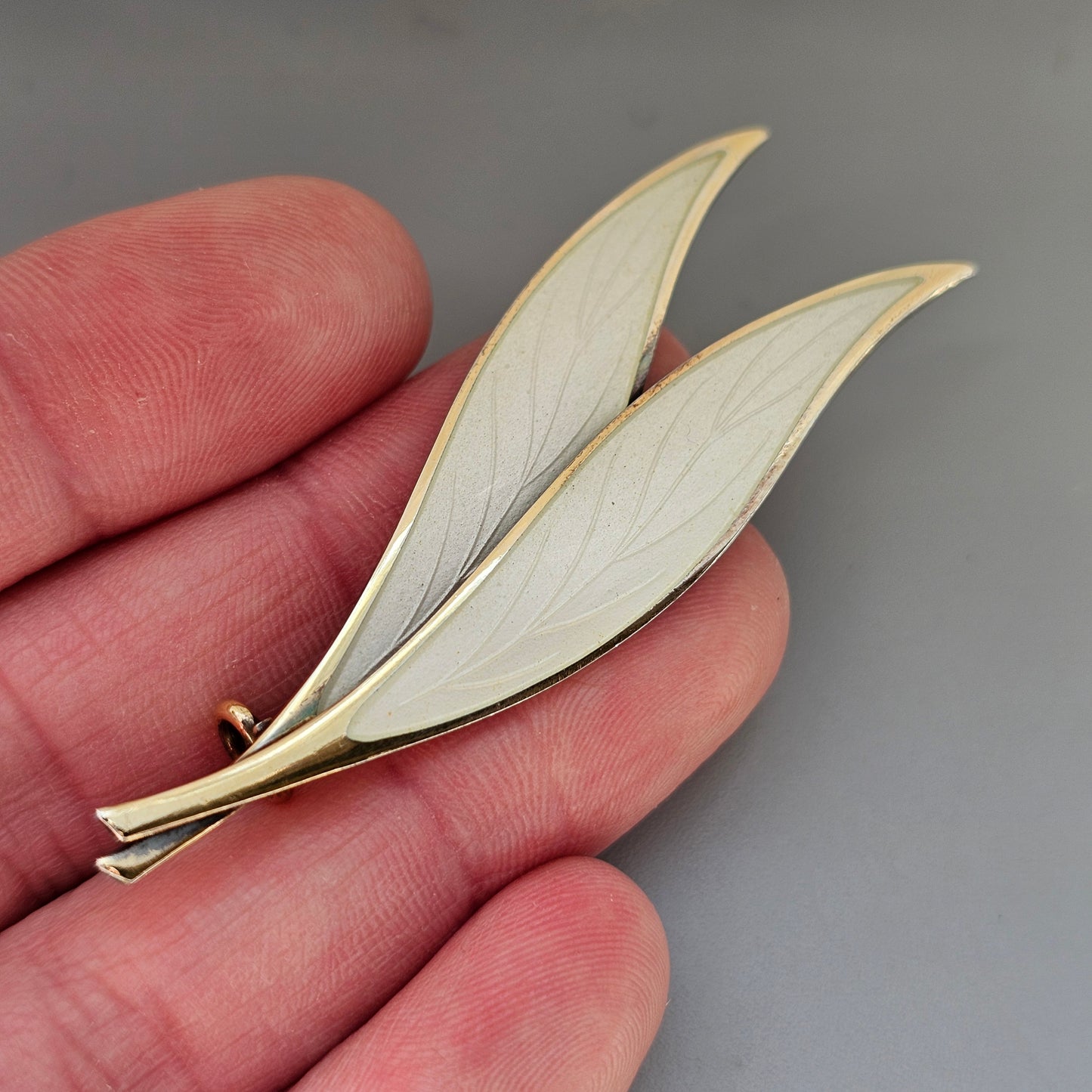 Vintage Norwegian Sterling Silver White Enamel Leaf Brooch by NM Thune