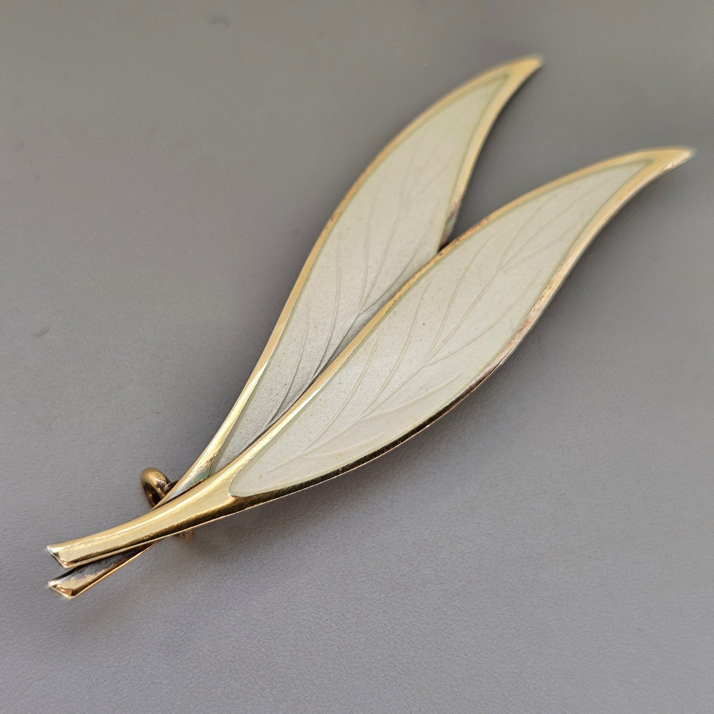 Vintage Norwegian Sterling Silver White Enamel Leaf Brooch by NM Thune