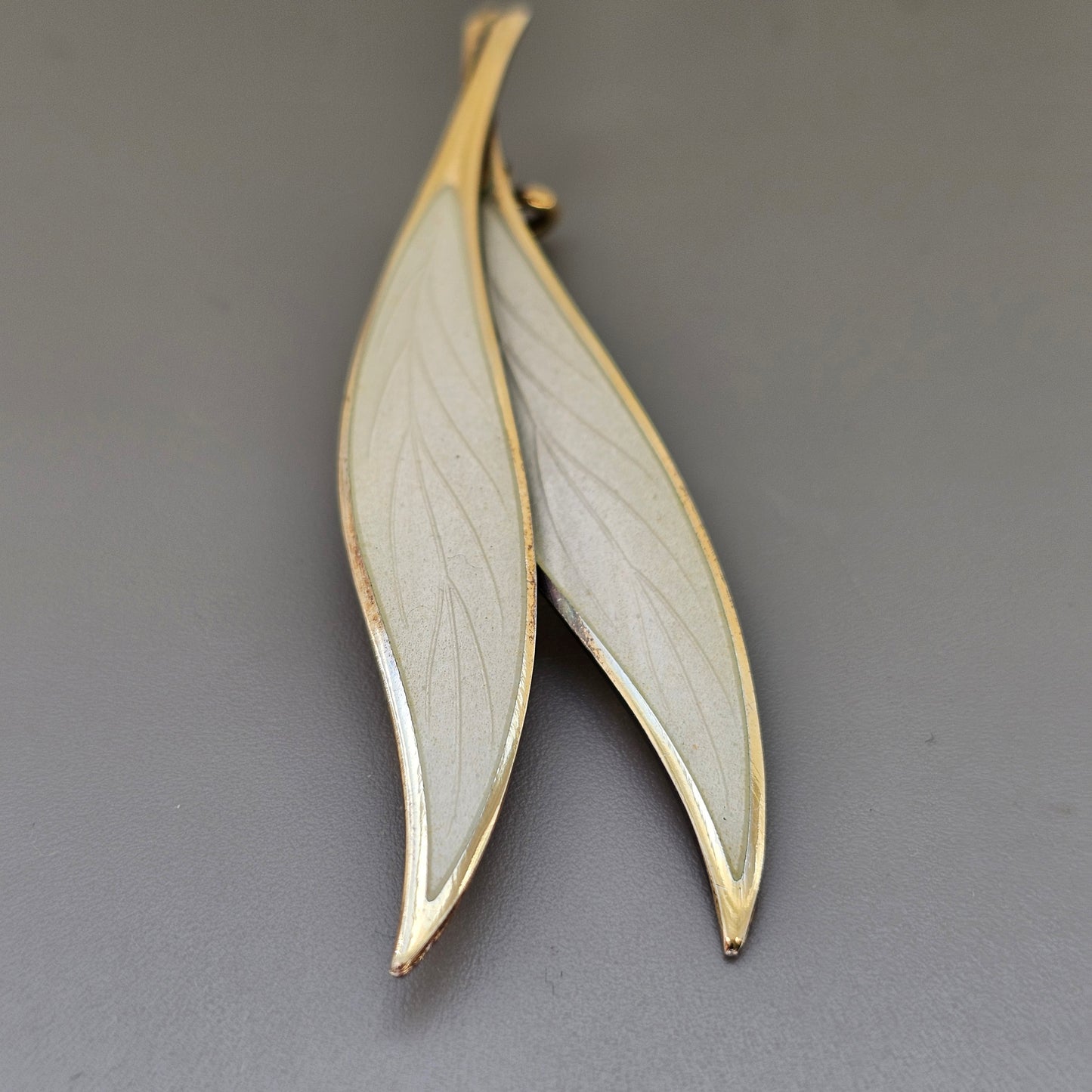 Vintage Norwegian Sterling Silver White Enamel Leaf Brooch by NM Thune