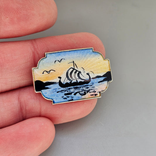 Vintage Ivar T Holth Norwegian Sterling Silver Enamel Viking Ship Brooch