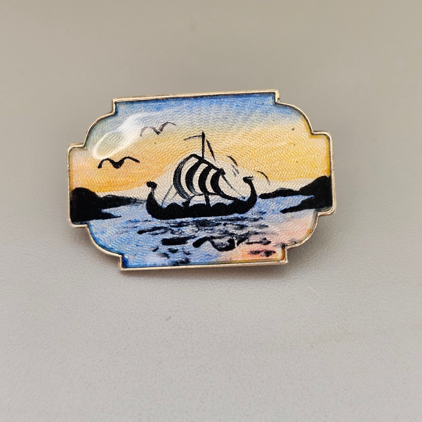 Vintage Ivar T Holth Norwegian Sterling Silver Enamel Viking Ship Brooch