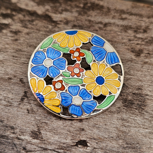 Vintage 1940s Sterling Silver & Enamel Flower Brooch