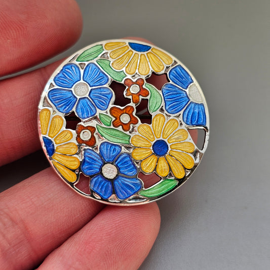 Vintage 1940s Sterling Silver & Enamel Flower Brooch