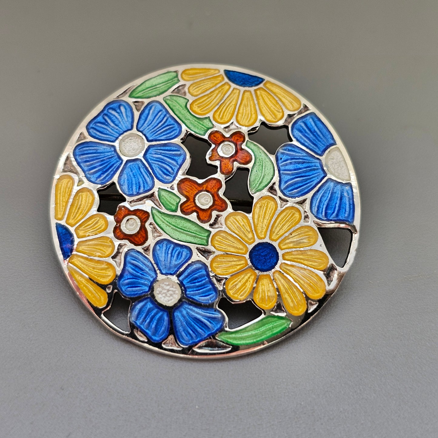 Vintage 1940s Sterling Silver & Enamel Flower Brooch