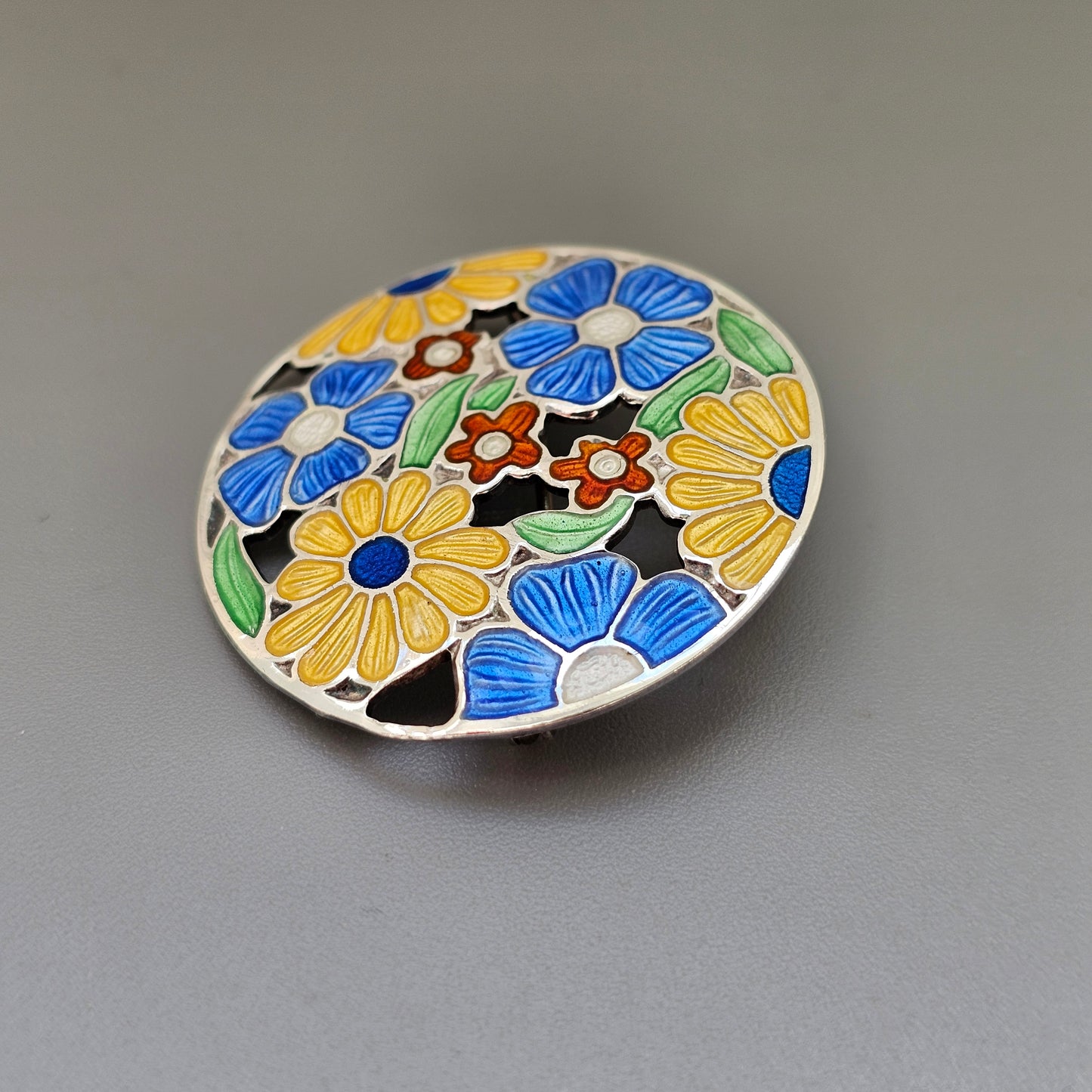 Vintage 1940s Sterling Silver & Enamel Flower Brooch