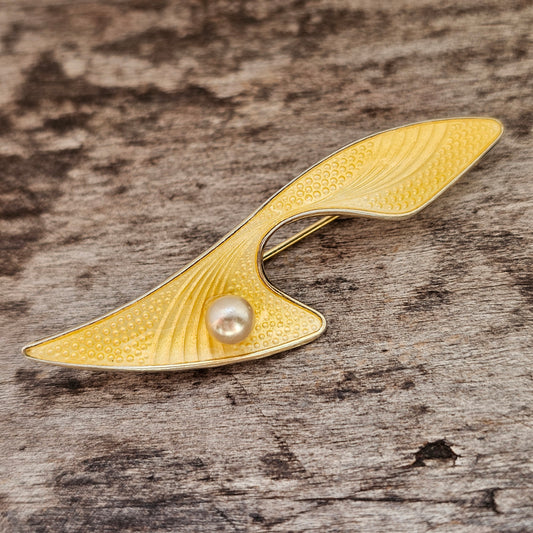 Vintage Norwegian Sterling Silver Yellow Enamel Brooch by Edelmetall Norway