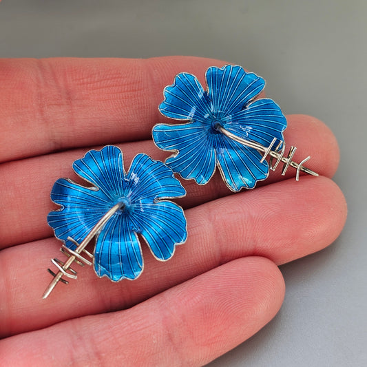 Vintage 1970s 1980s Sterling Silver Blue Enamel Flower Stud Earrings