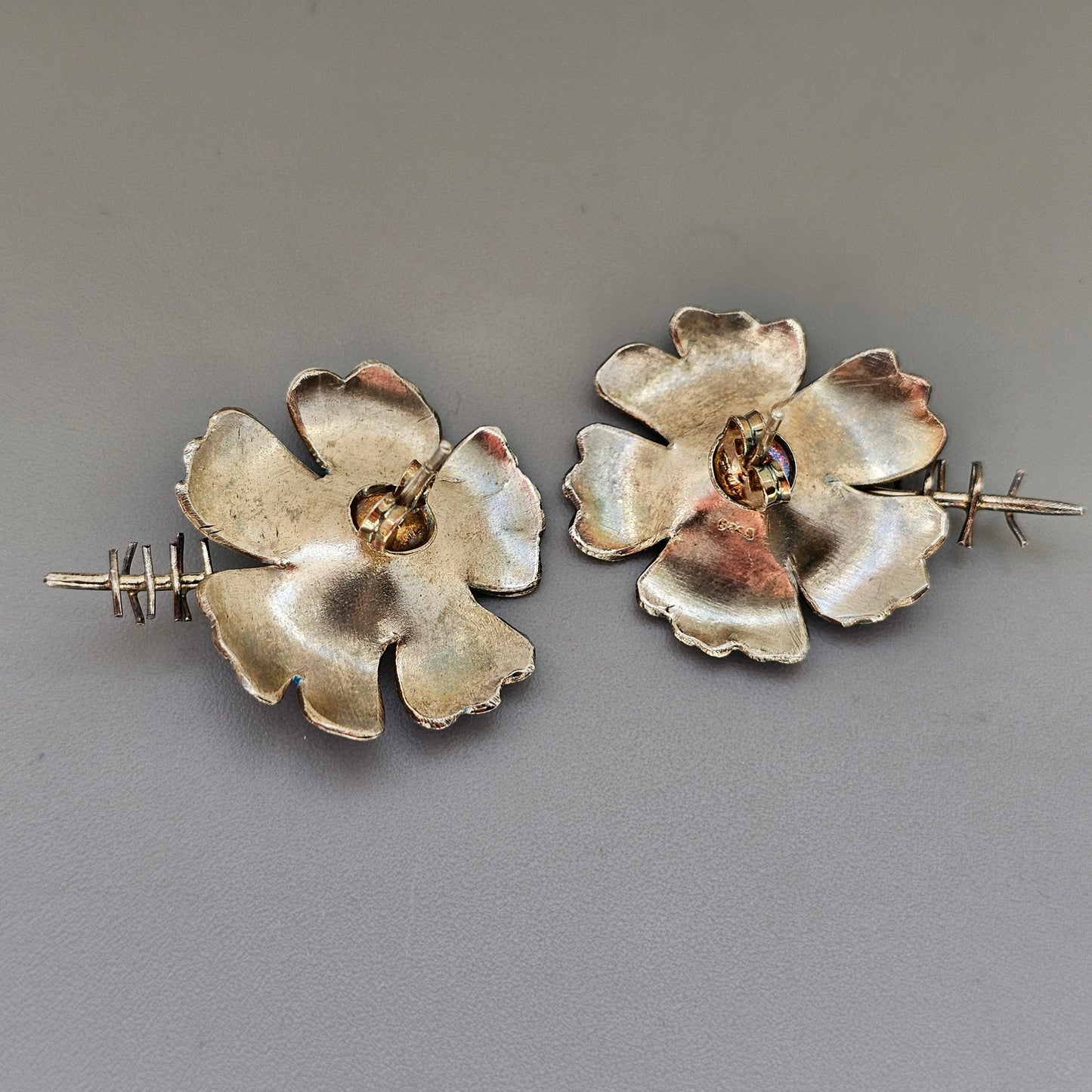 Vintage 1970s 1980s Sterling Silver Blue Enamel Flower Stud Earrings