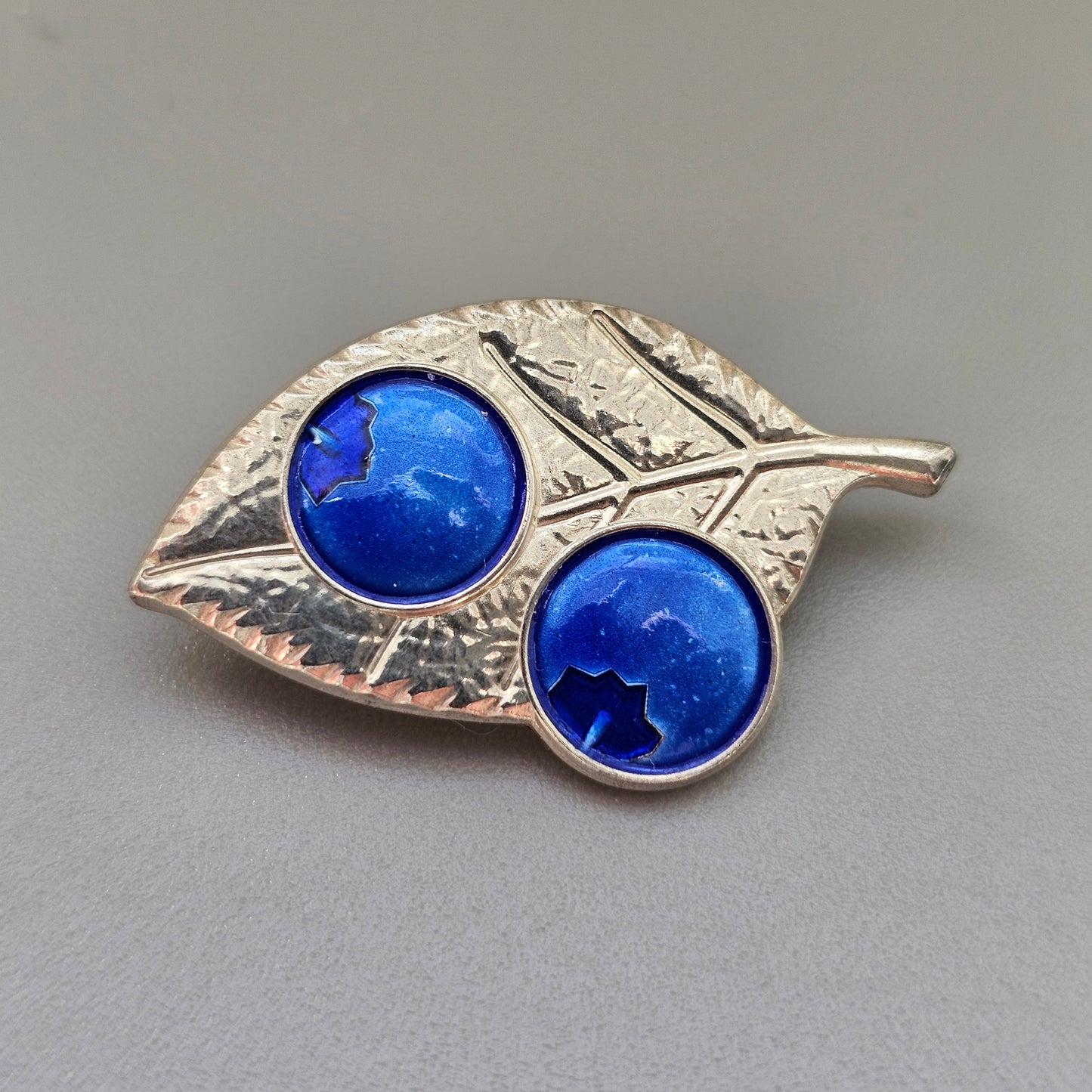 Small Finnish Sterling Silver & Blue Enamel Blueberry Leaf Brooch