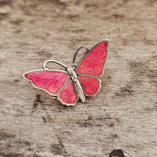 Small Vintage Silver Tone Pink Enamel Butterfly Brooch