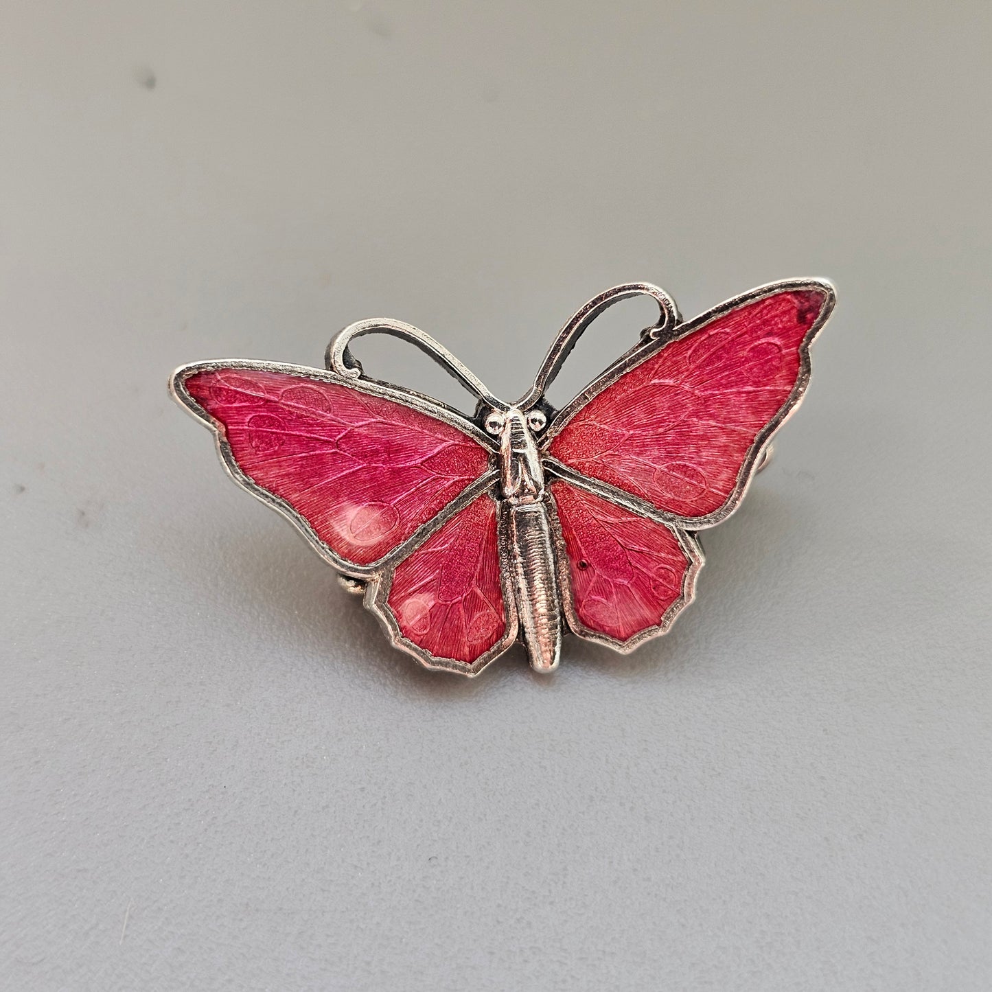 Small Vintage Silver Tone Pink Enamel Butterfly Brooch