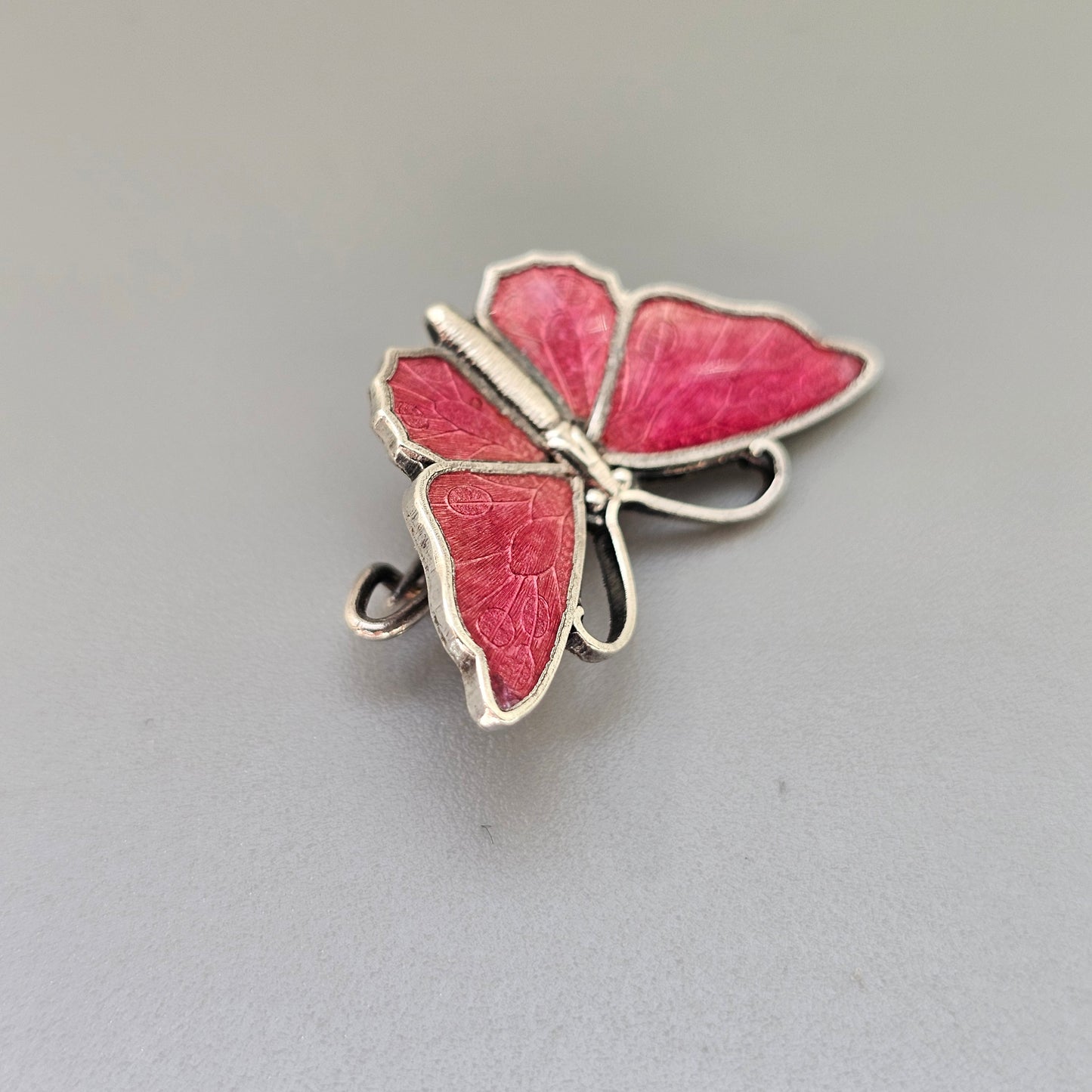 Small Vintage Silver Tone Pink Enamel Butterfly Brooch