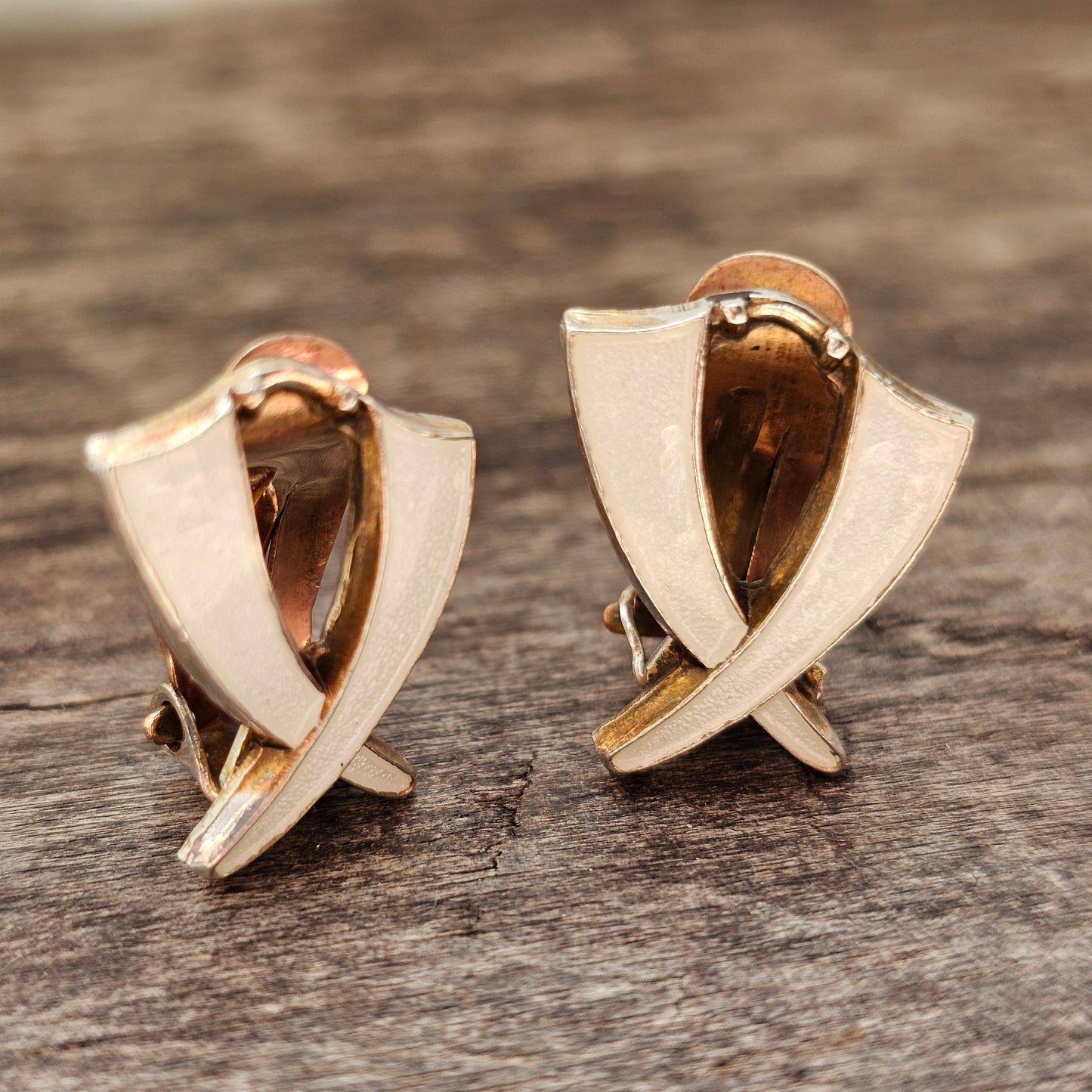 Vintage Norwegian Sterling Silver White Enamel Clip On Earrings by Aksel Holmsen