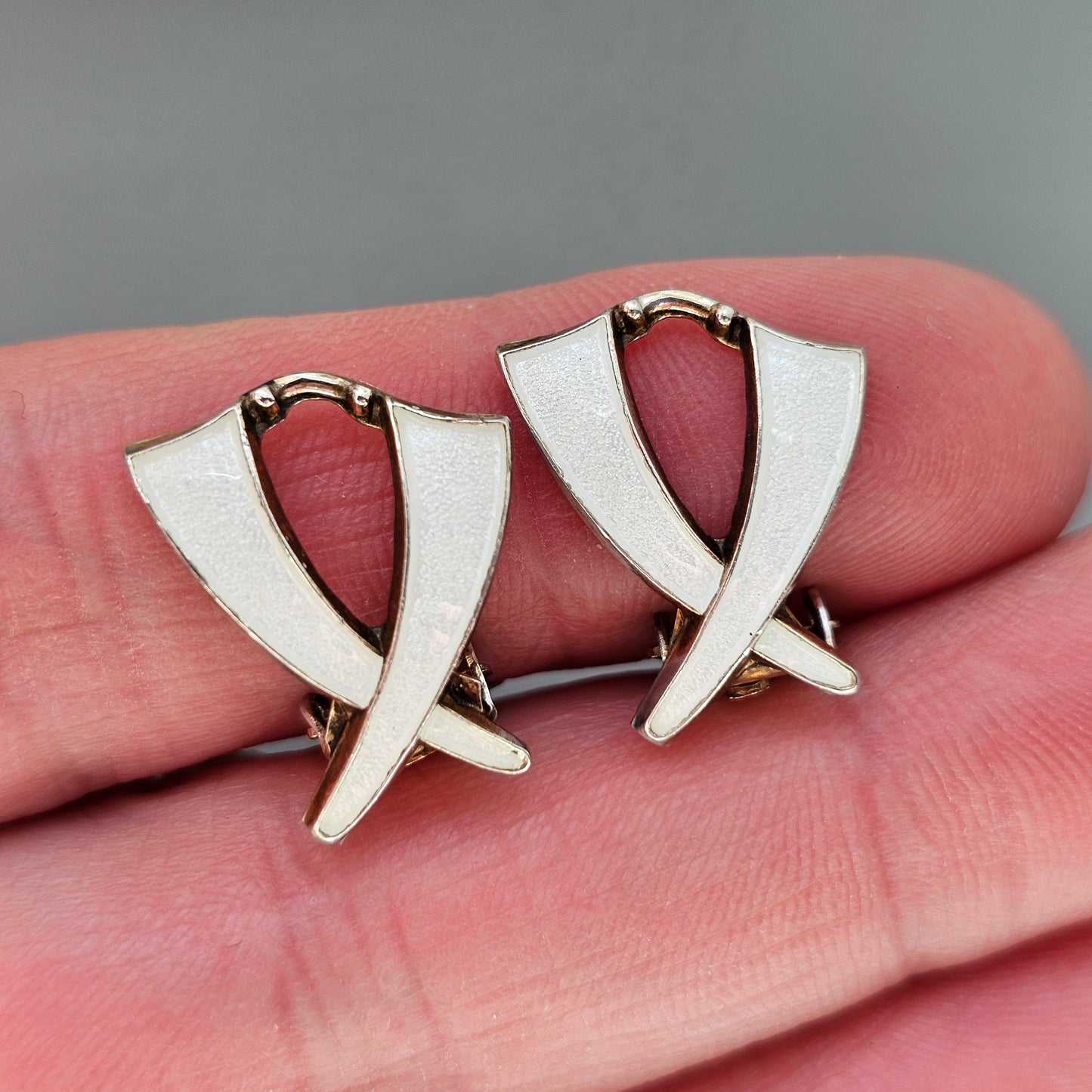 Vintage Norwegian Sterling Silver White Enamel Clip On Earrings by Aksel Holmsen