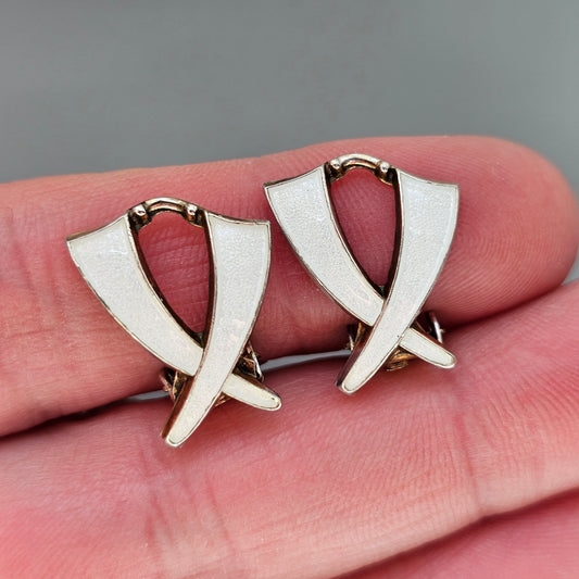 Vintage Norwegian Sterling Silver White Enamel Clip On Earrings by Aksel Holmsen