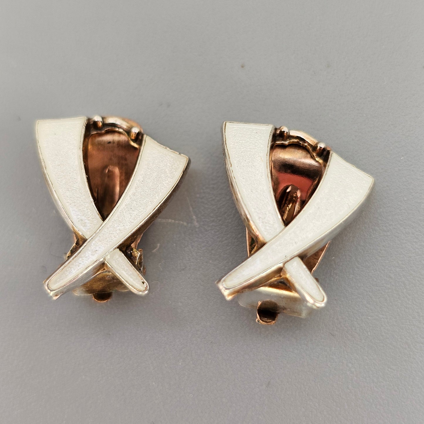 Vintage Norwegian Sterling Silver White Enamel Clip On Earrings by Aksel Holmsen