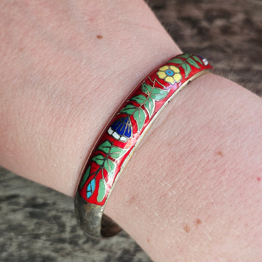 Vintage Mid Century Thai Sterling Silver Red Enamel Bracelet C1960