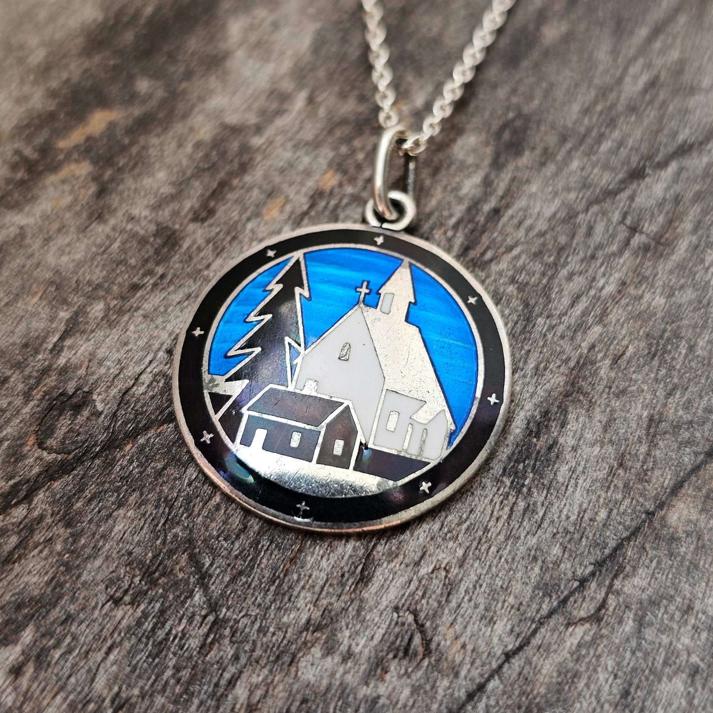 Vintage 1930s Finnish Silver Enamel Winter Church Scene Necklace by Sundqvist Brothers