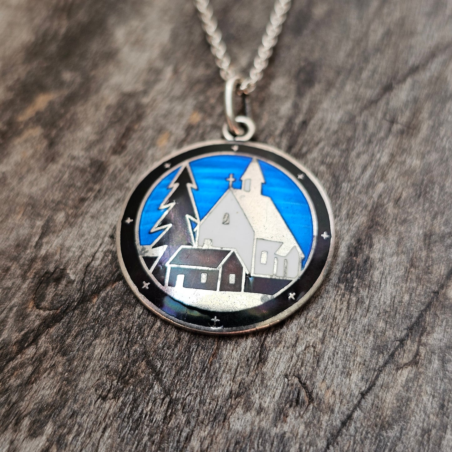 Vintage 1930s Finnish Silver Enamel Winter Church Scene Necklace by Sundqvist Brothers