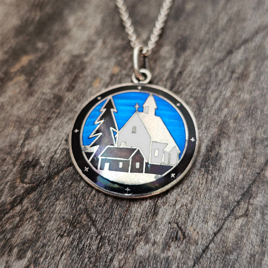 Vintage 1930s Finnish Silver Enamel Winter Church Scene Necklace by Sundqvist Brothers