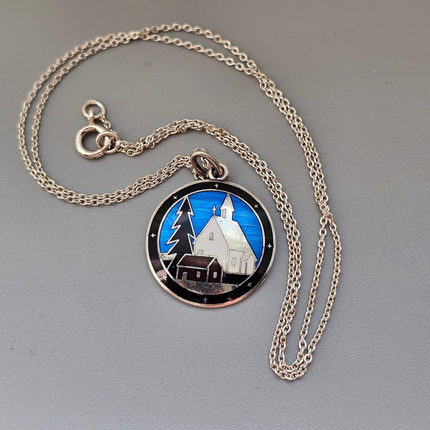 Vintage 1930s Finnish Silver Enamel Winter Church Scene Necklace by Sundqvist Brothers