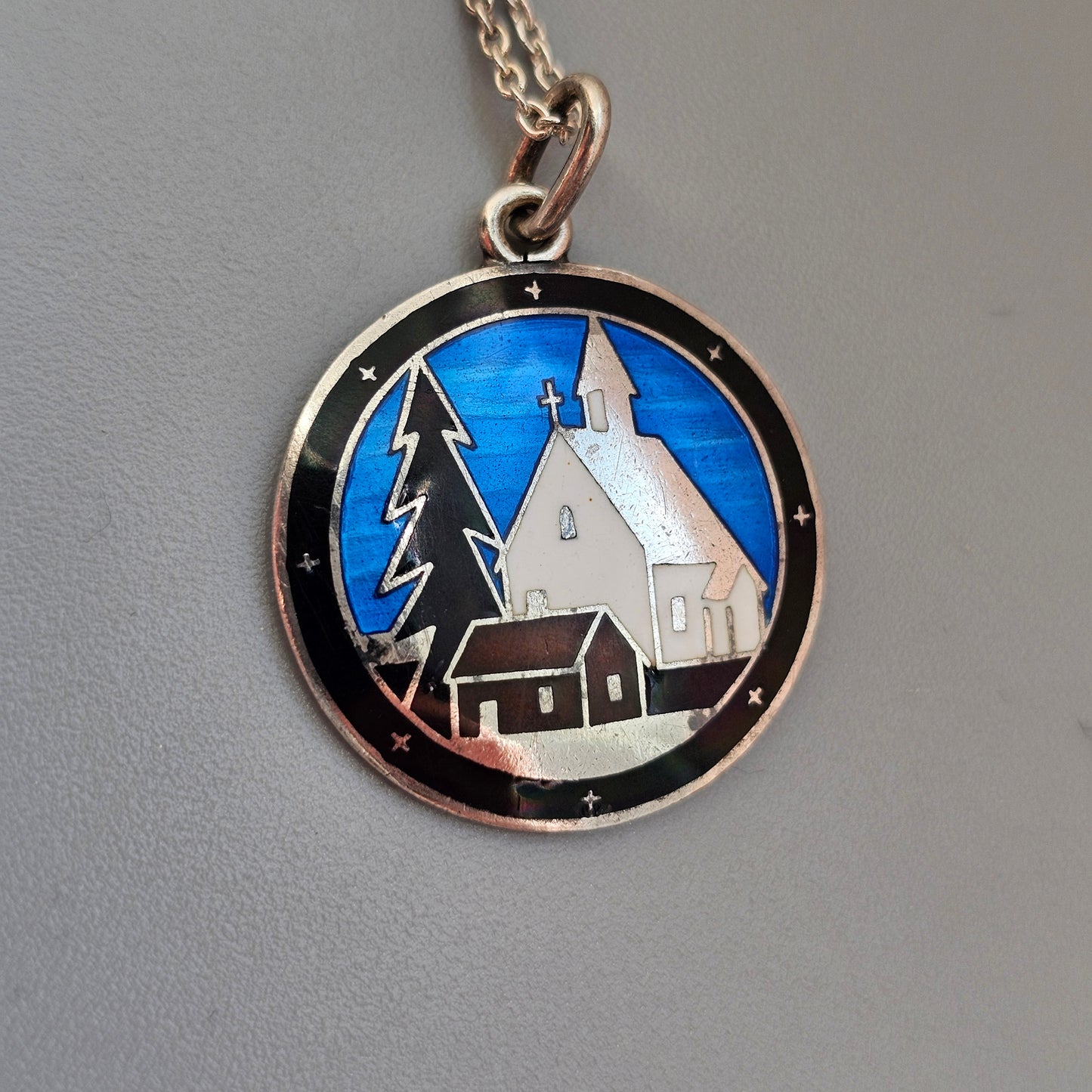 Vintage 1930s Finnish Silver Enamel Winter Church Scene Necklace by Sundqvist Brothers