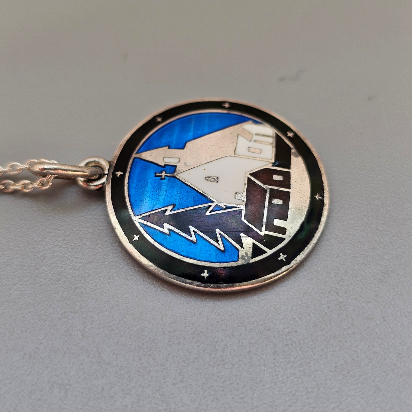Vintage 1930s Finnish Silver Enamel Winter Church Scene Necklace by Sundqvist Brothers