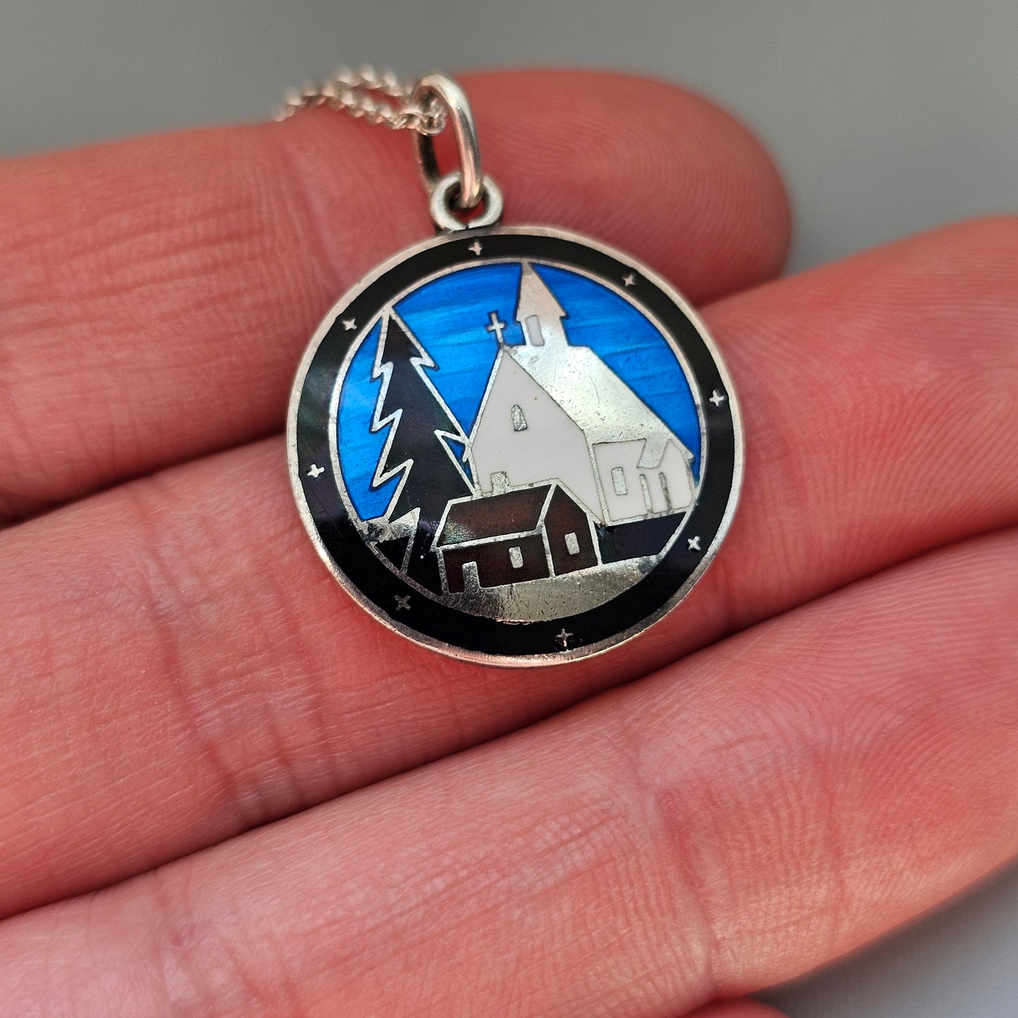 Vintage 1930s Finnish Silver Enamel Winter Church Scene Necklace by Sundqvist Brothers
