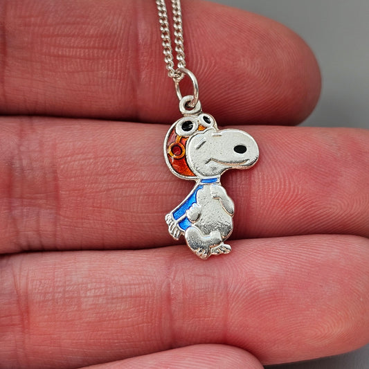 Vintage Silver Enamel Snoopy Pilot Necklace Pendant
