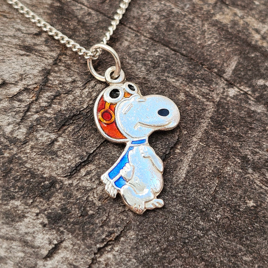 Vintage Silver Enamel Snoopy Pilot Necklace Pendant