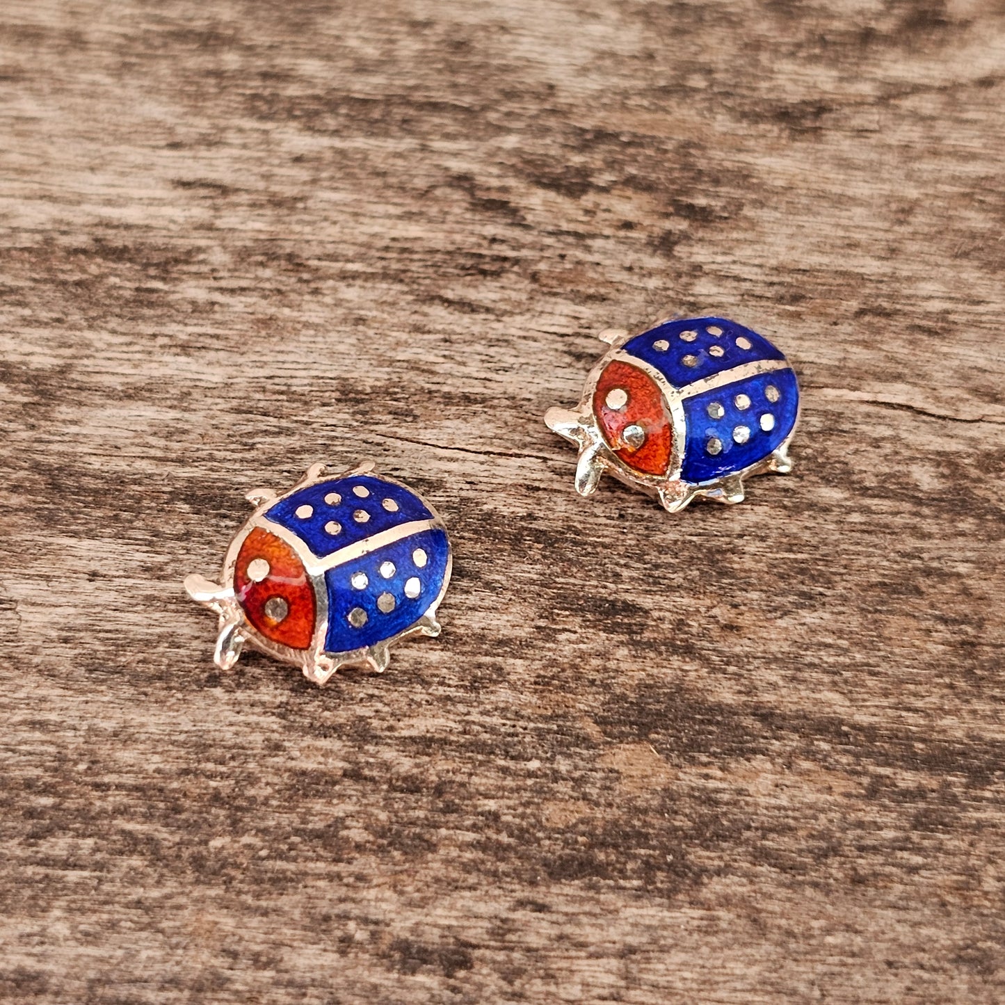 Vintage Silver Enamel Ladybird Stud Earrings